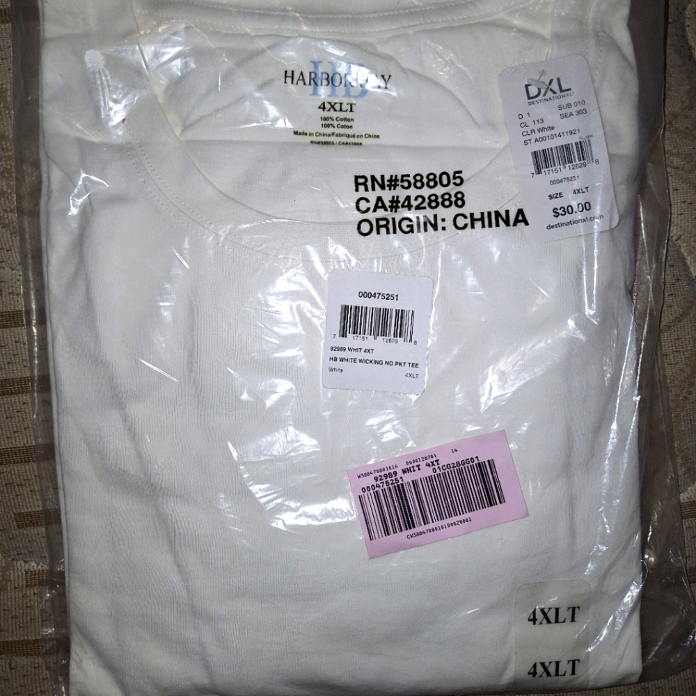 1 (new) white short sleeve tshirt, size 4xlt.